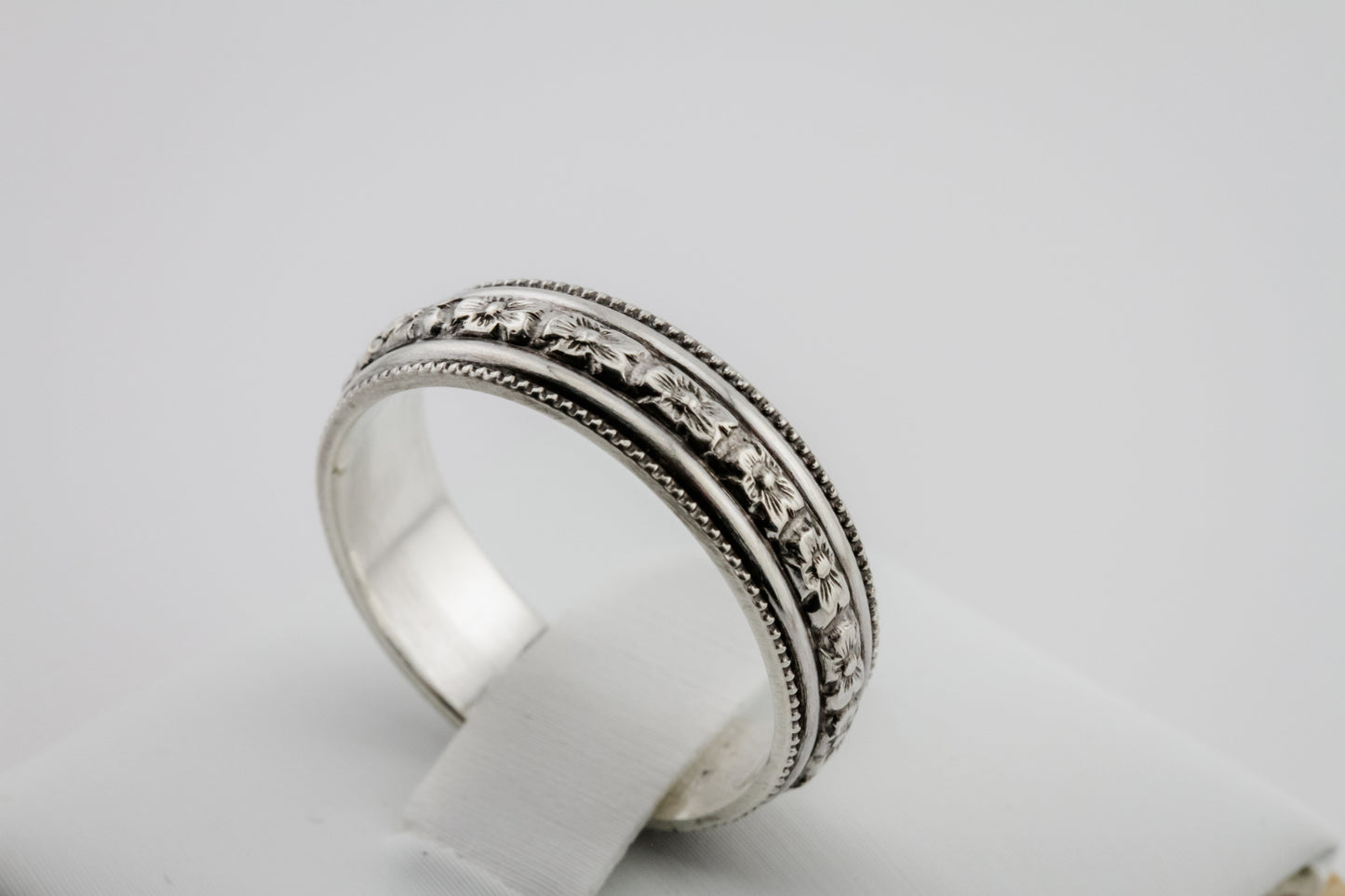 Ring, Floral Beaded Intricate 5.6mm Antiqued Sterling Silver Stacking Ring