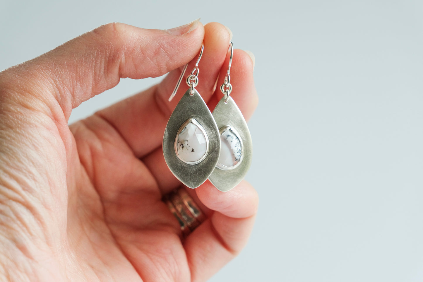 Earrings, Dendritic Opal Gemstone Dangle Earrings in Silver