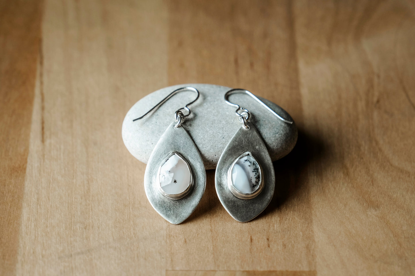 Earrings, Dendritic Opal Gemstone Dangle Earrings in Silver
