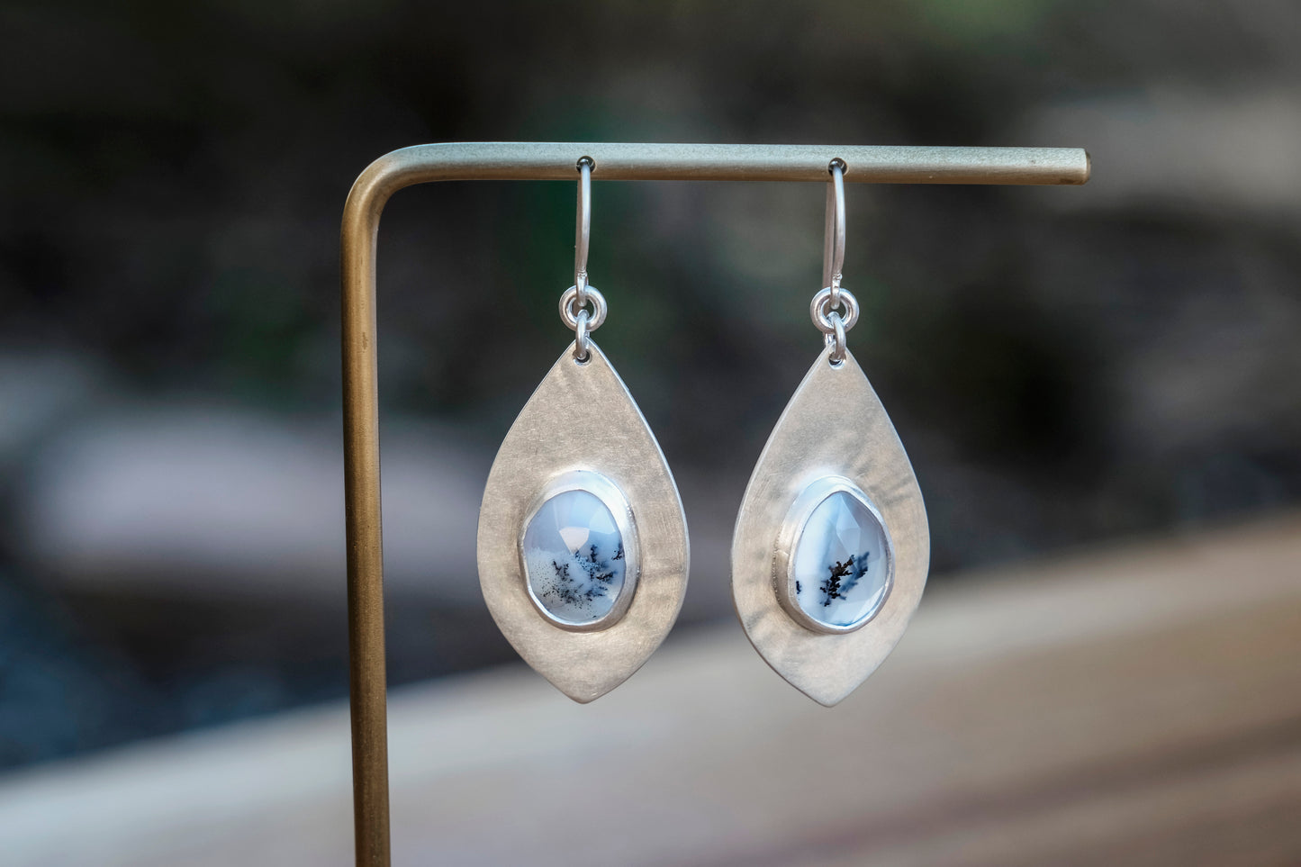 Earrings, Dendritic Opal Gemstone Dangle Earrings in Silver