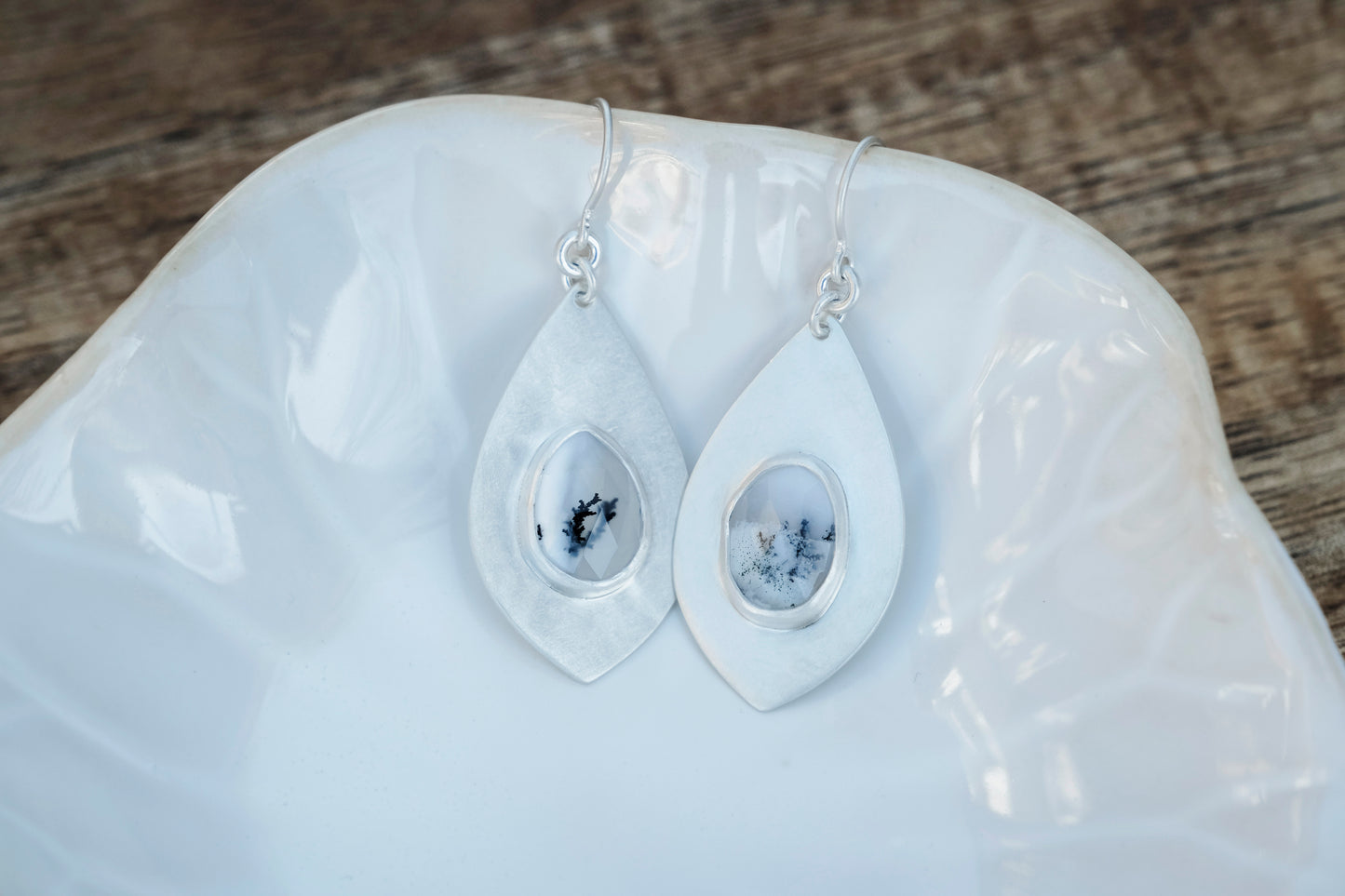Earrings, Dendritic Opal Gemstone Dangle Earrings in Silver