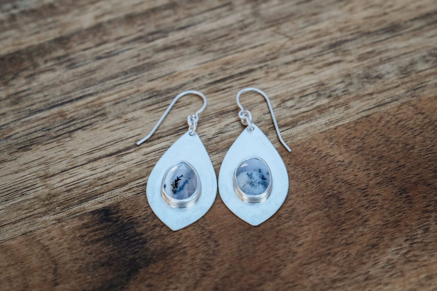 Earrings, Dendritic Opal Gemstone Dangle Earrings in Silver