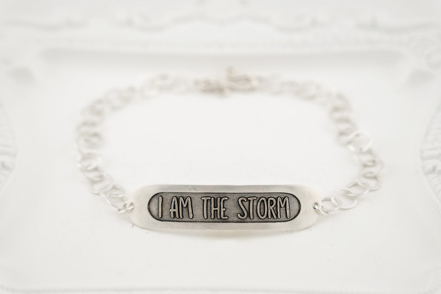 Bracelet, Embossed "I Am The Storm" Sterling Word Bracelet