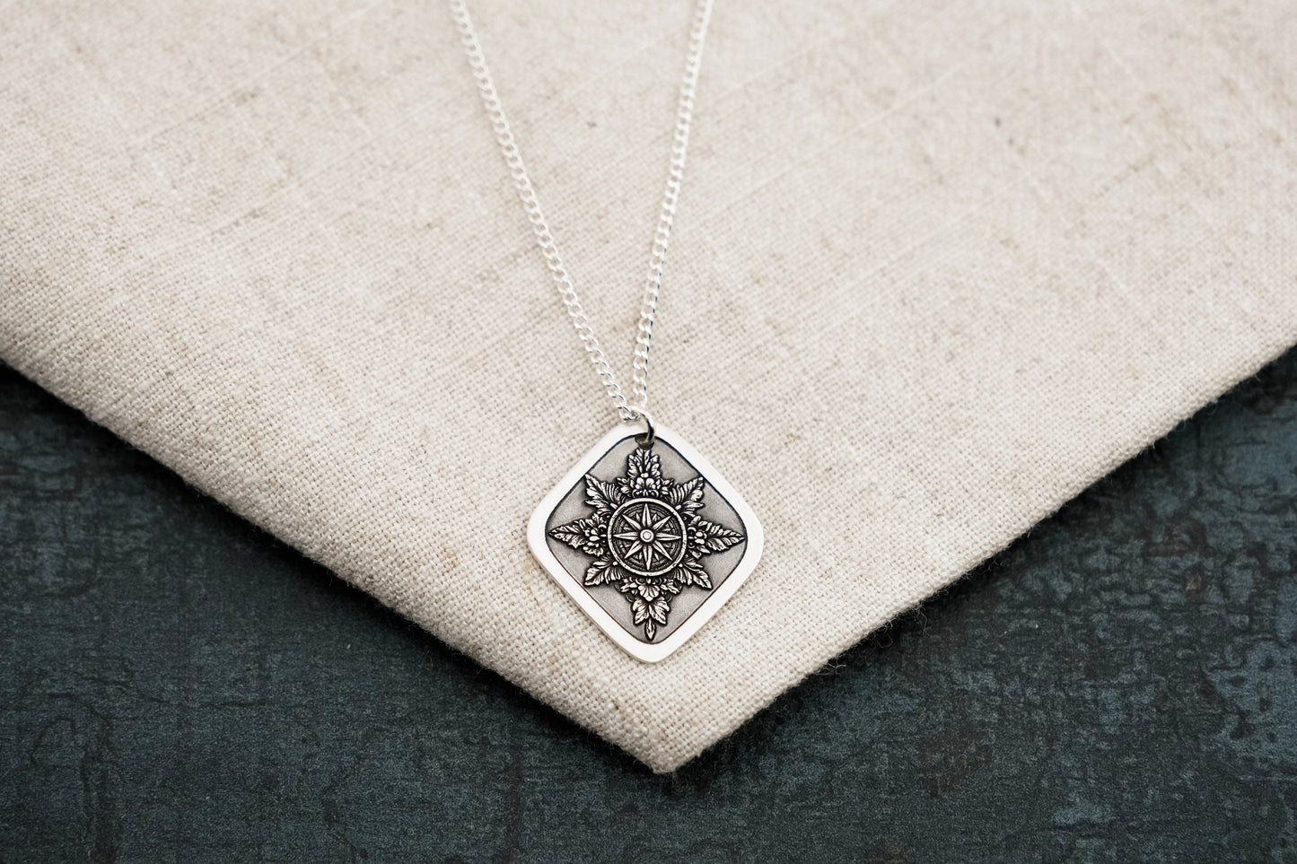 Necklace, Engraved Compass Diamond Necklace