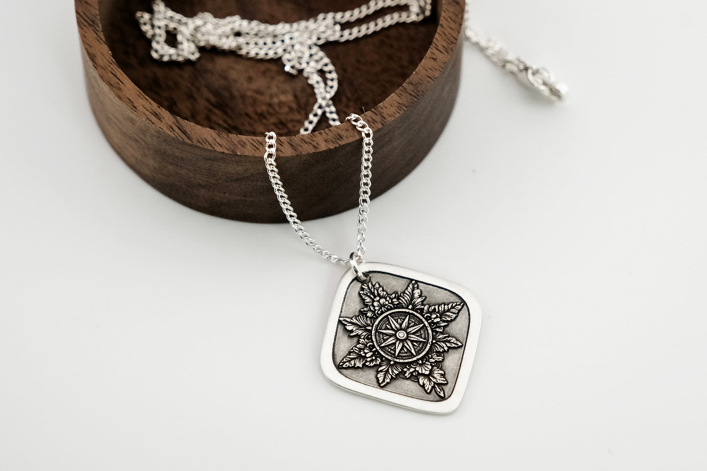 Necklace, Engraved Compass Diamond Necklace
