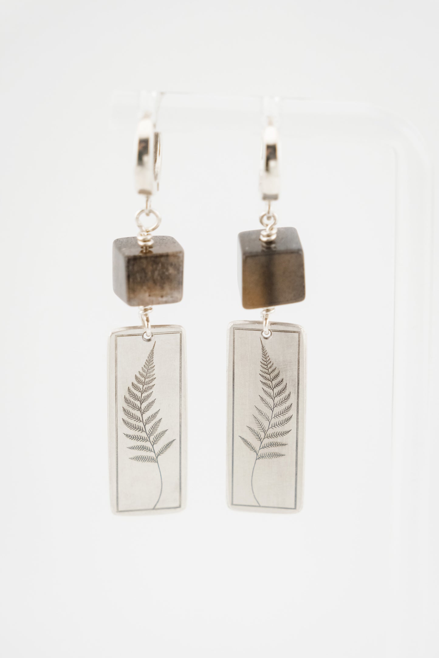Earrings, Engraved Fern Earrings with Gemstone Beads