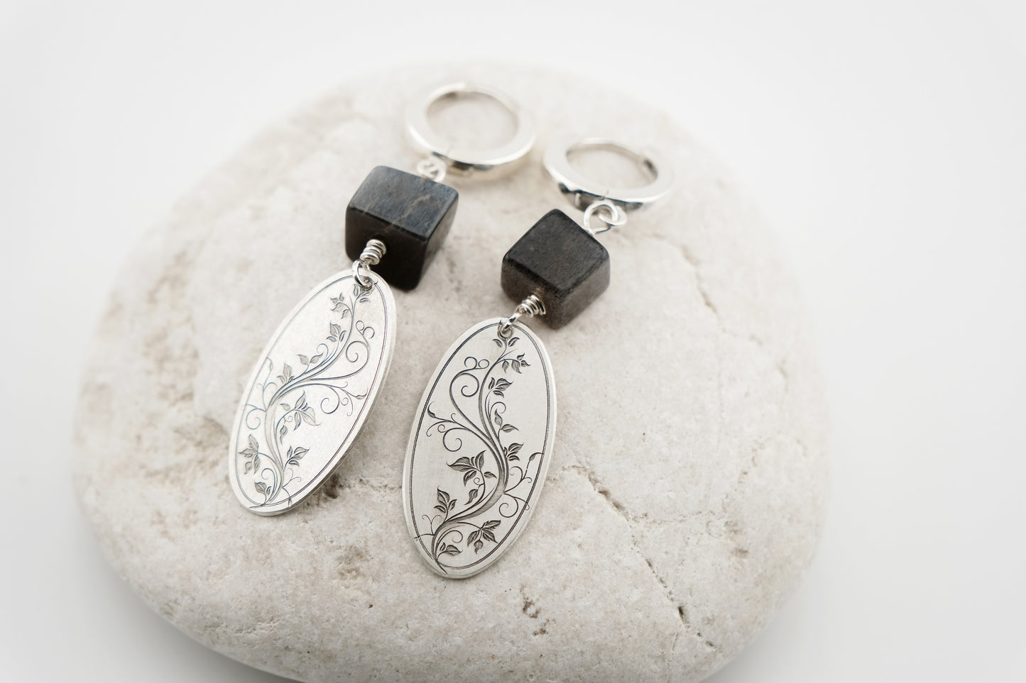 Earrings, Engraved Floral Earrings with Black Moonstone