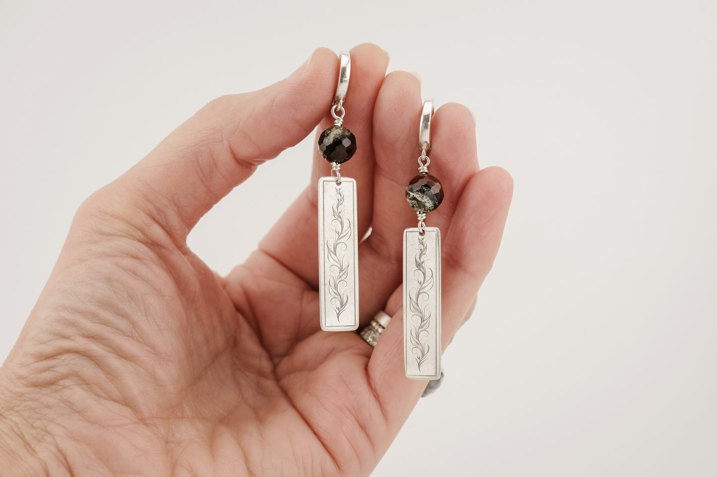 Earrings, Engraved Vine Earrings with Gemstone Beads