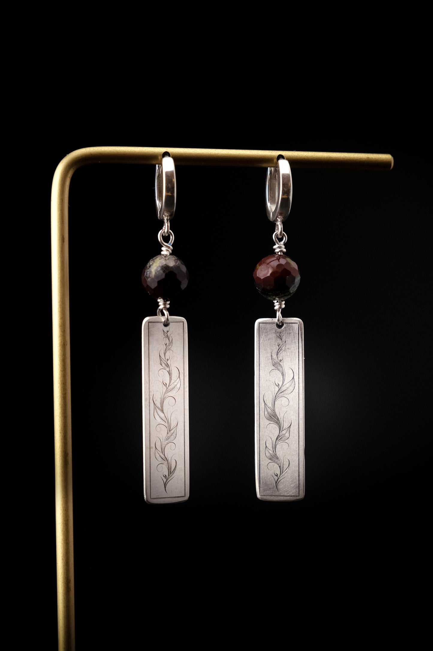 Earrings, Engraved Vine Earrings with Gemstone Beads