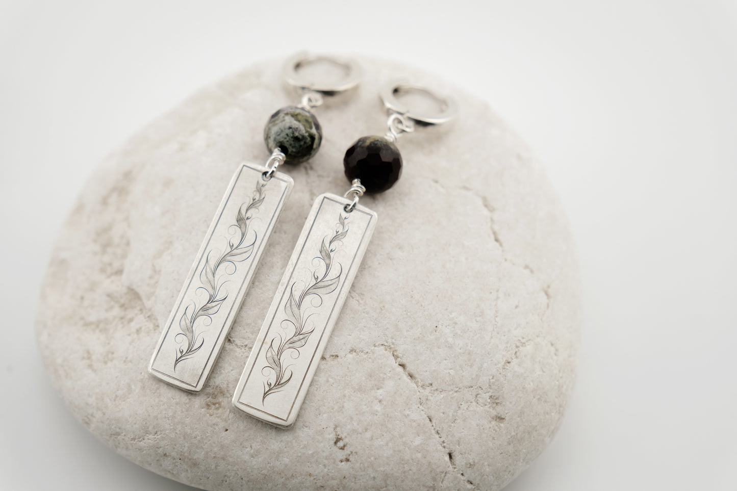 Earrings, Engraved Vine Earrings with Gemstone Beads