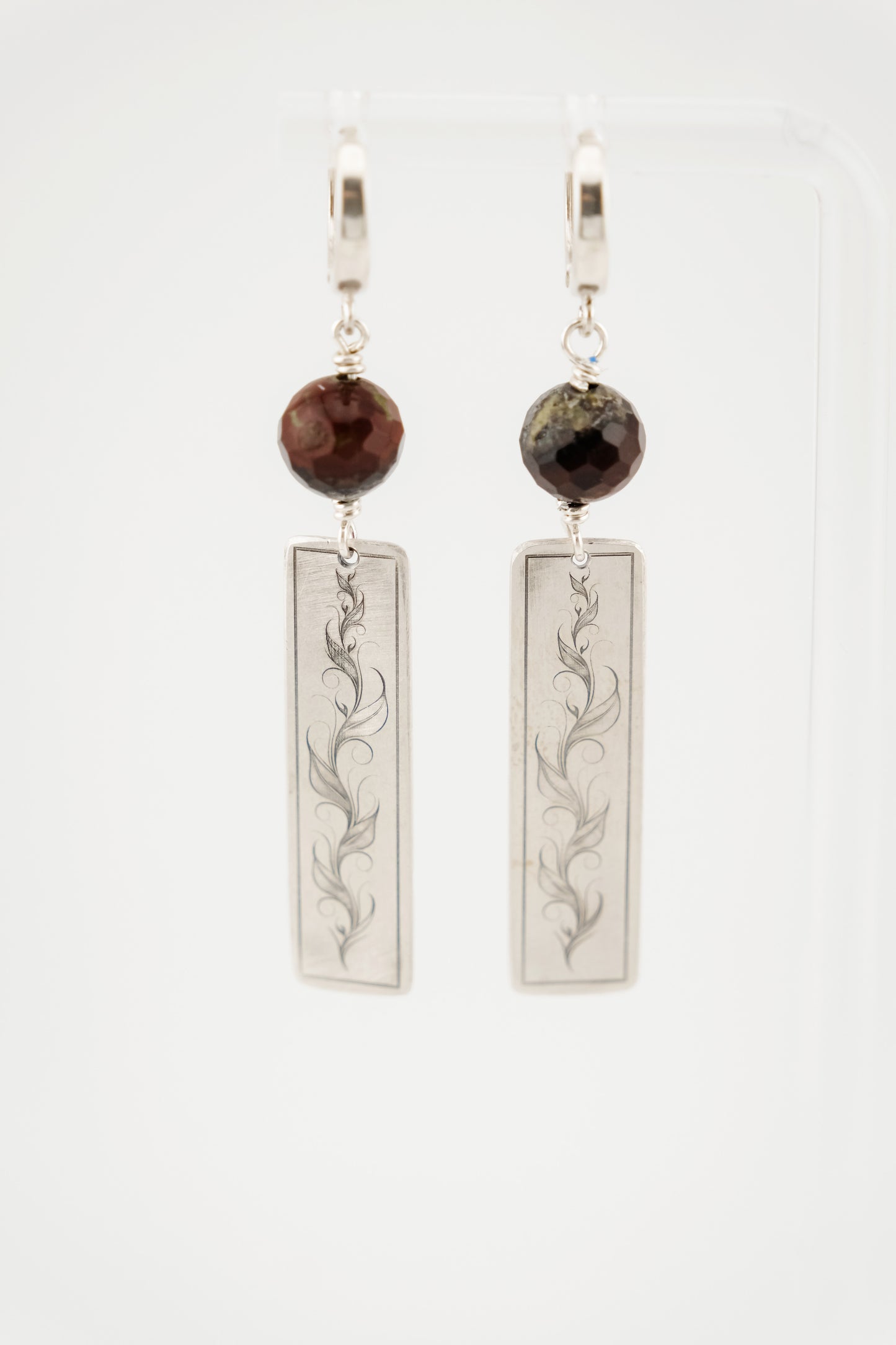 Earrings, Engraved Vine Earrings with Gemstone Beads