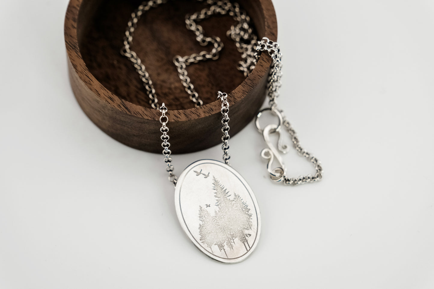 Necklace, Engraved "Forest Oval" Necklace with hidden bail