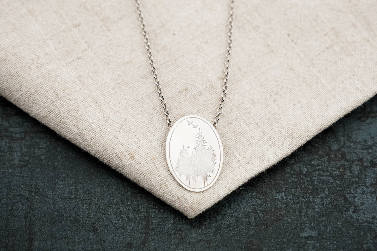 Necklace, Engraved "Forest Oval" Necklace with hidden bail
