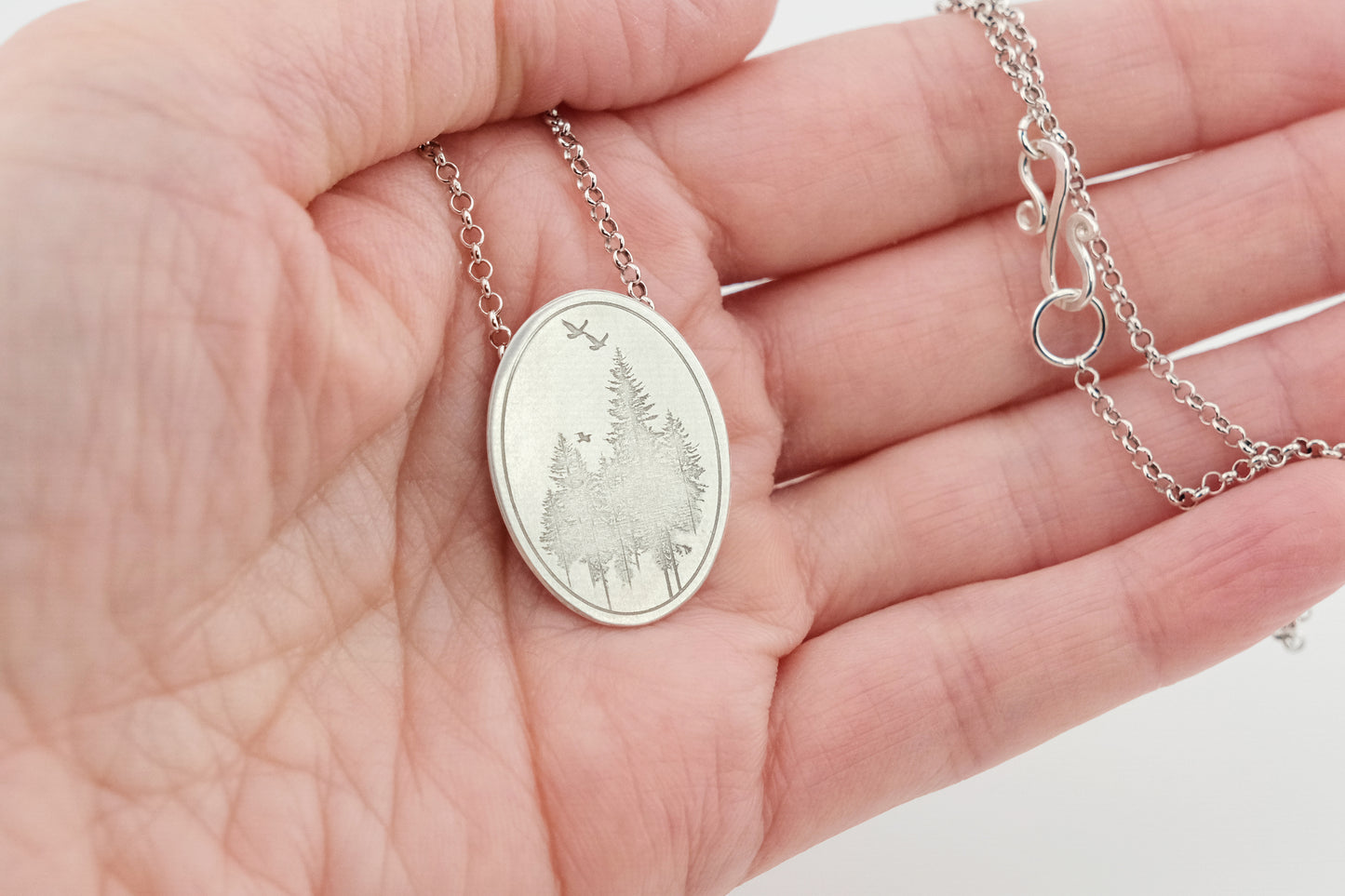 Necklace, Engraved "Forest Oval" Necklace with hidden bail