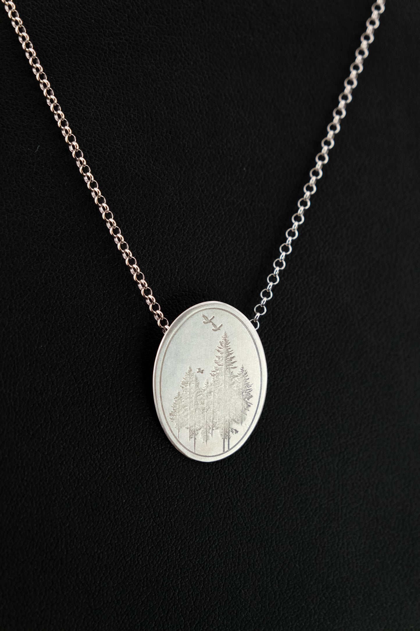 Necklace, Engraved "Forest Oval" Necklace with hidden bail