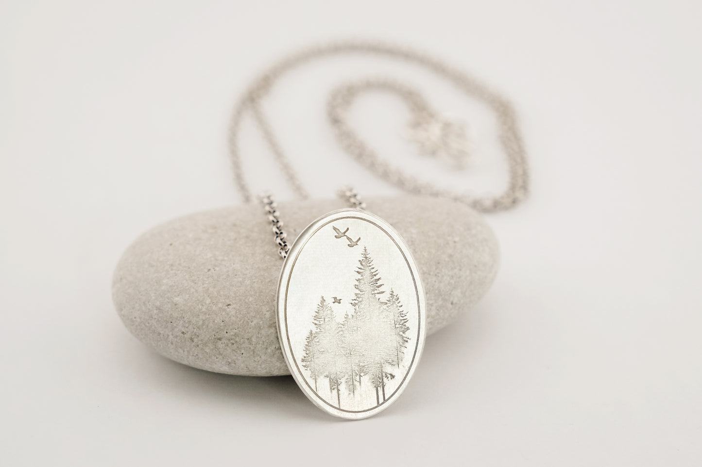 Necklace, Engraved "Forest Oval" Necklace with hidden bail