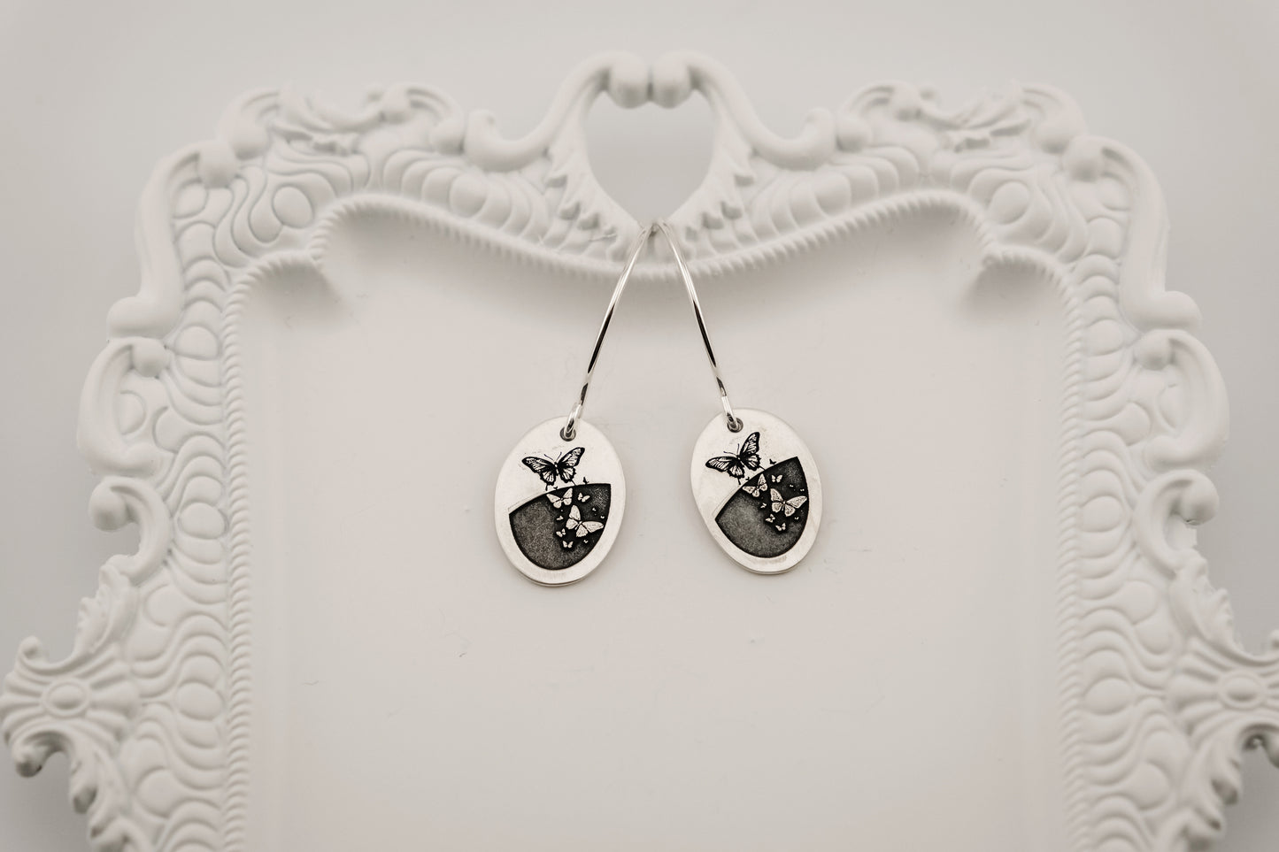 Earrings, Engraved Oval Butterfly Earrings