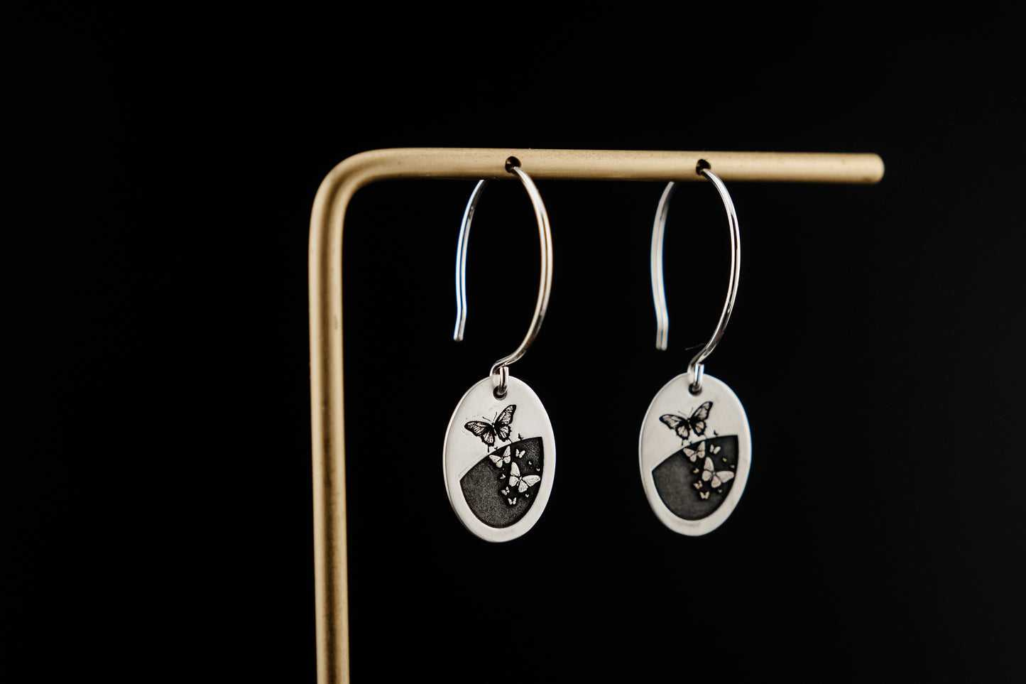 Earrings, Engraved Oval Butterfly Earrings