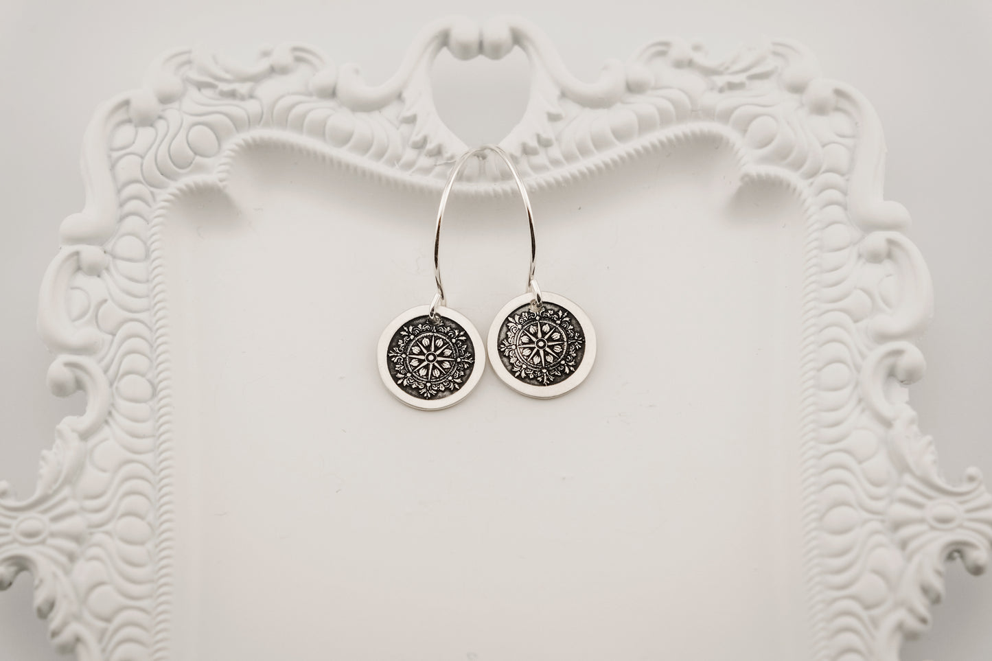 Earrings, Engraved Round Compass Earrings