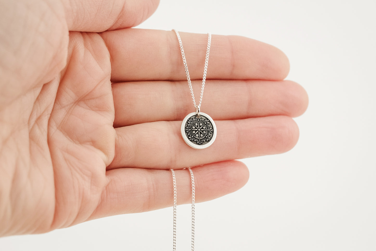 Necklace, Engraved Round Compass Necklace