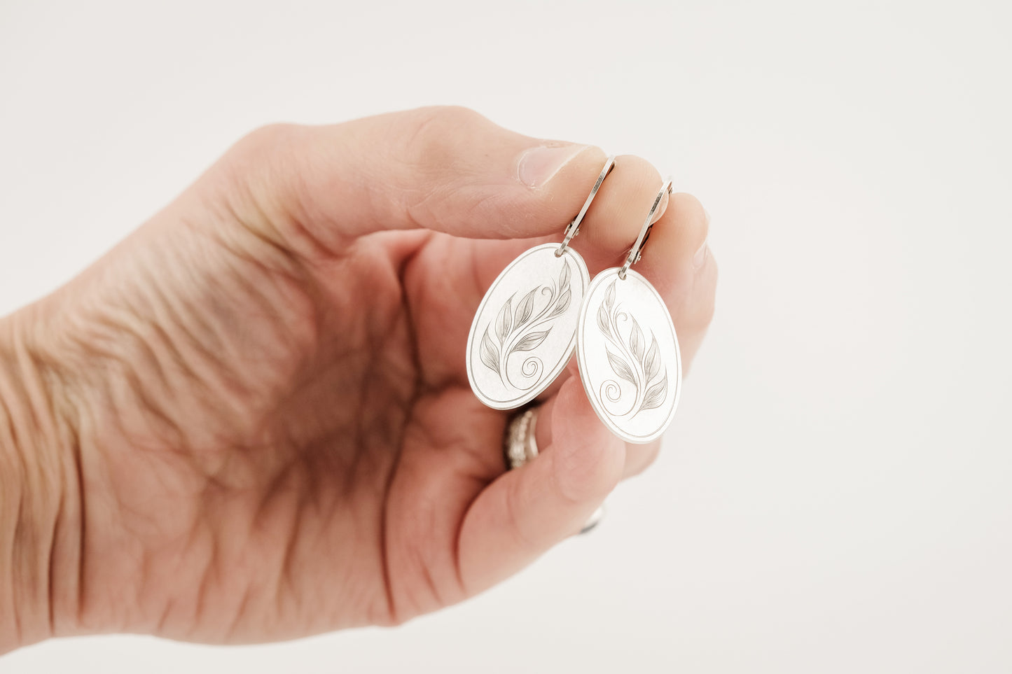 Earrings, Engraved Sterling Silver "Leaf Art 1" Earrings