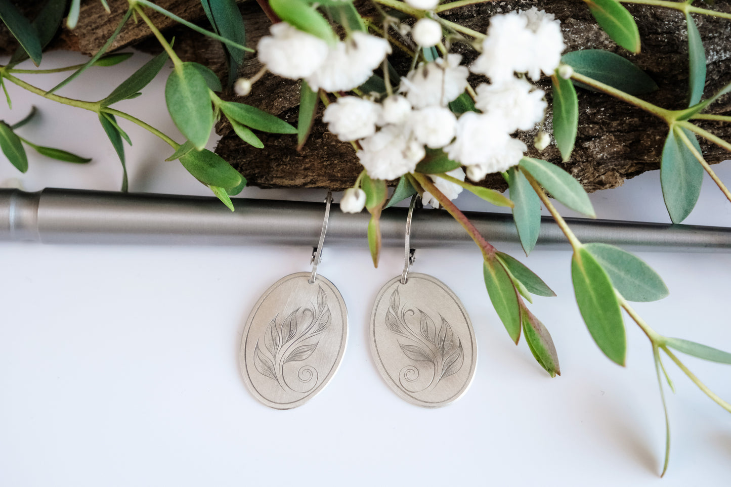 Earrings, Engraved Sterling Silver "Leaf Art 1" Earrings