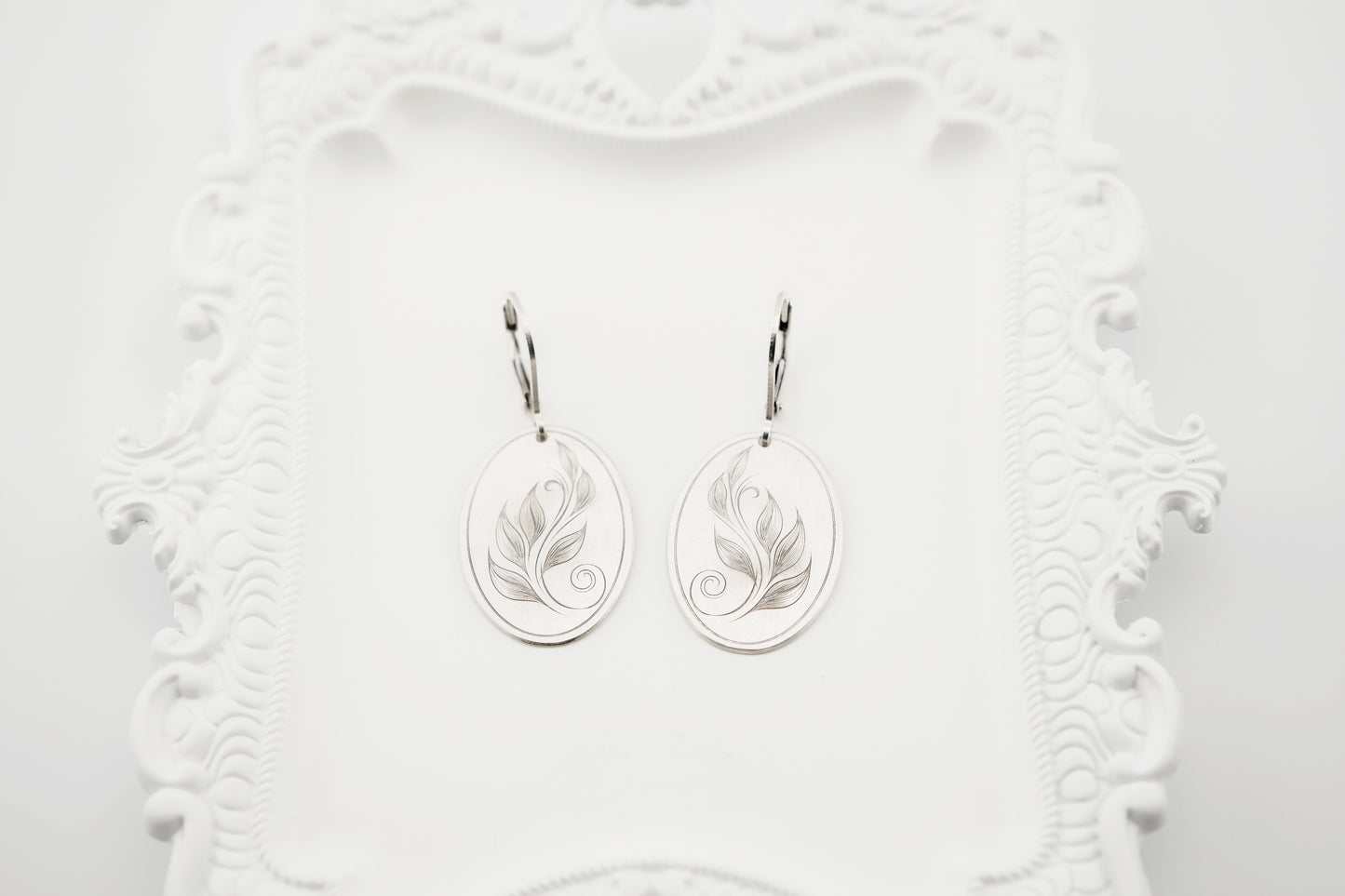 Earrings, Engraved Sterling Silver "Leaf Art 1" Earrings