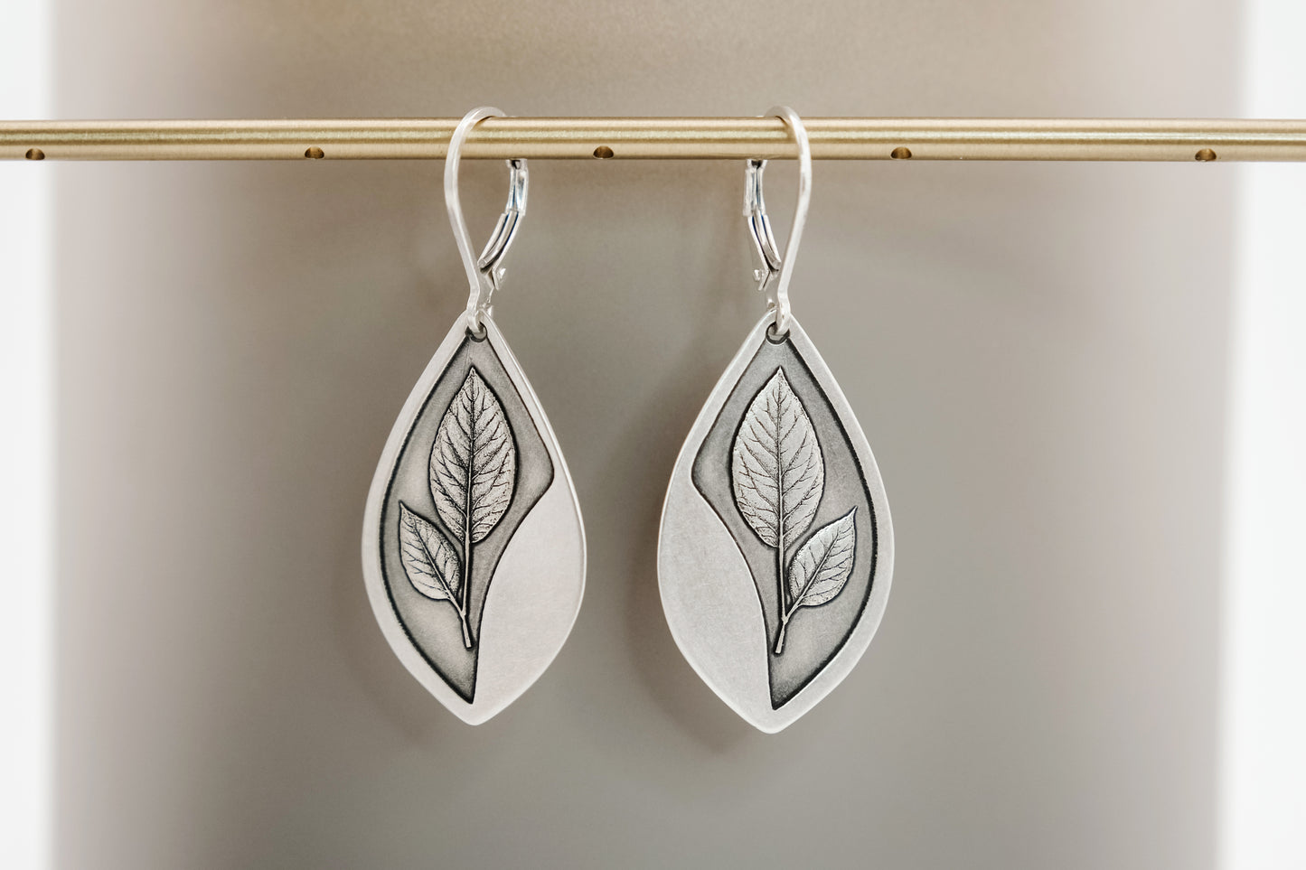 Earrings, Engraved Sterling Silver "Leaf Stem" Earrings