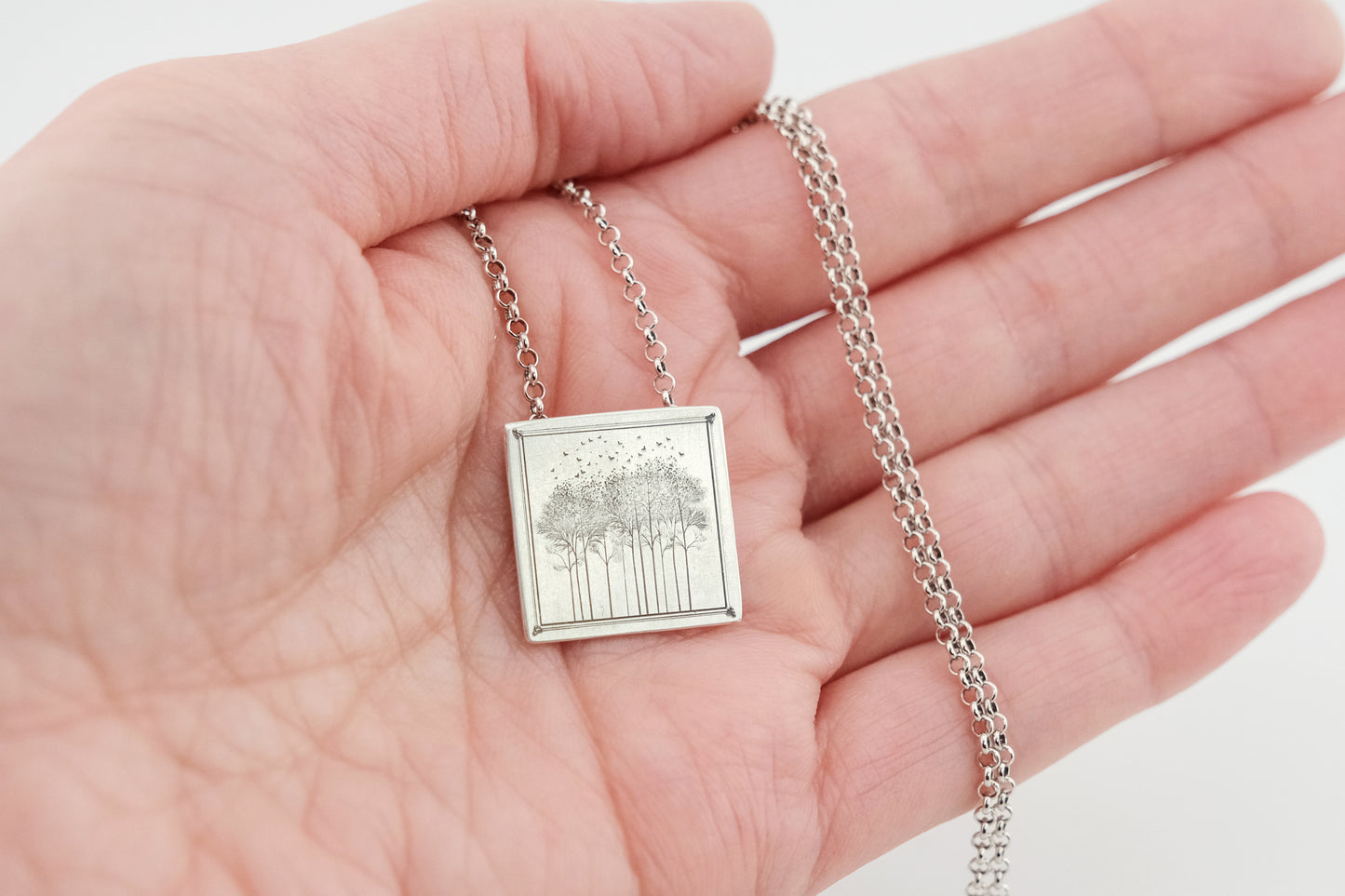 Necklace, Engraved "Forest Window" Necklace with hidden bail