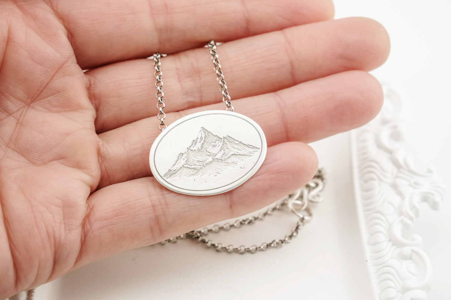 Necklace, Engraved "Mountain Peaks" Necklace with hidden bail