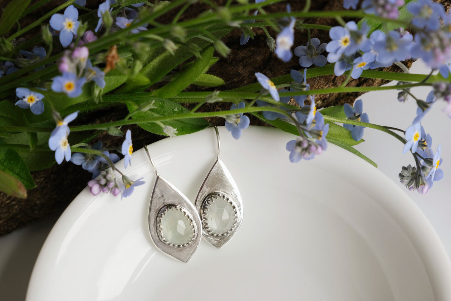 Earrings, Prehnite Drop Earrings in Silver