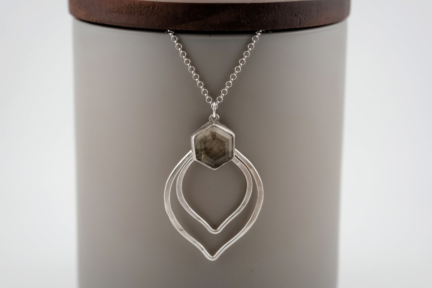 Necklace, Silver and Green Rutile Gemstone Boho Necklace