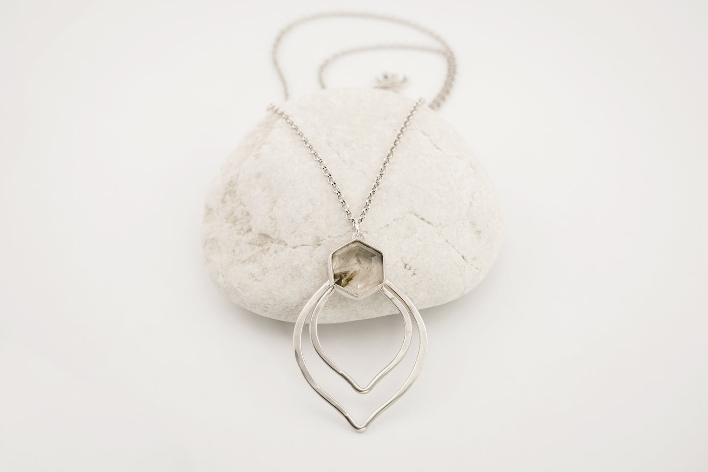 Necklace, Silver and Green Rutile Gemstone Boho Necklace
