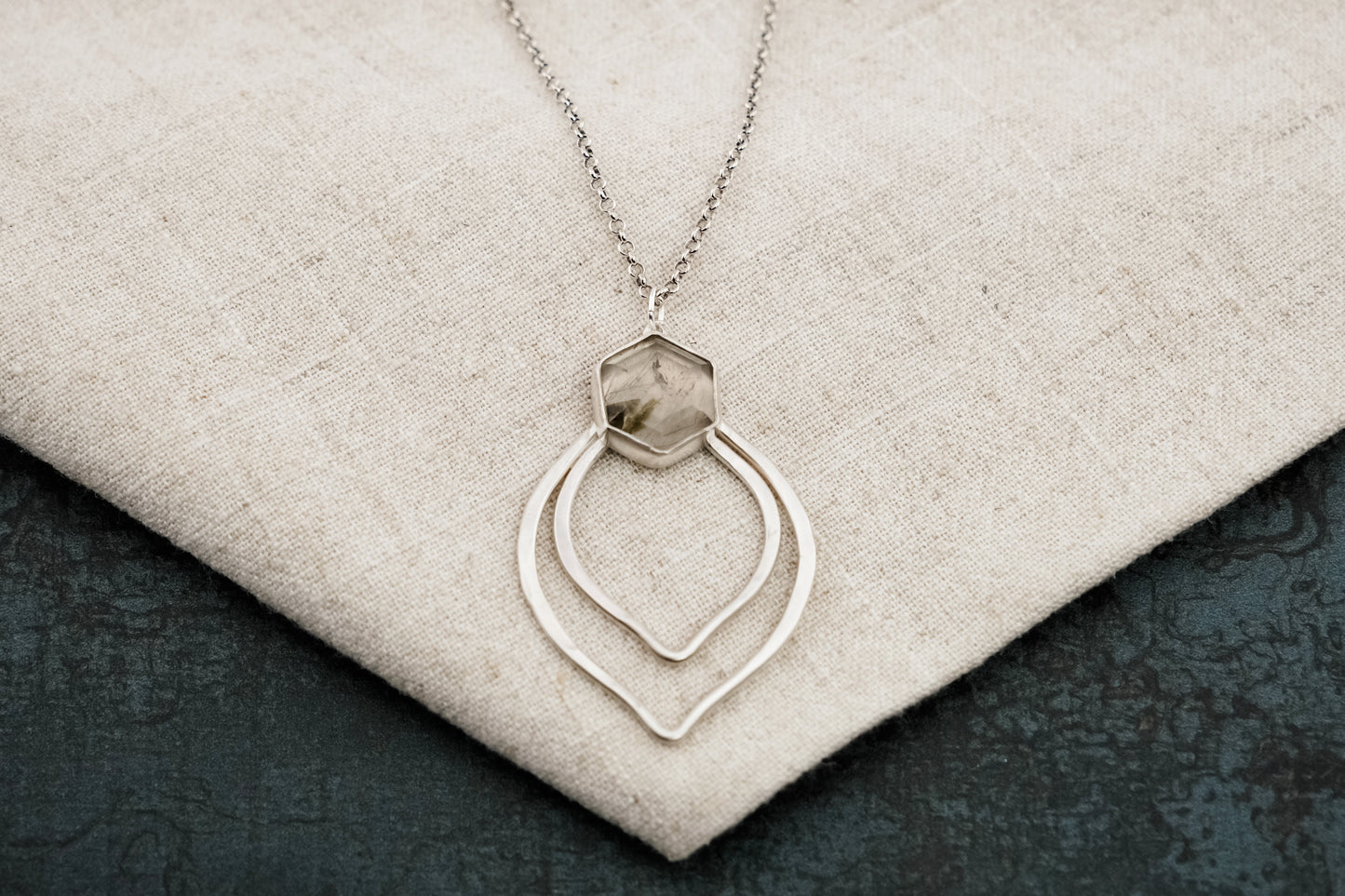 Necklace, Silver and Green Rutile Gemstone Boho Necklace