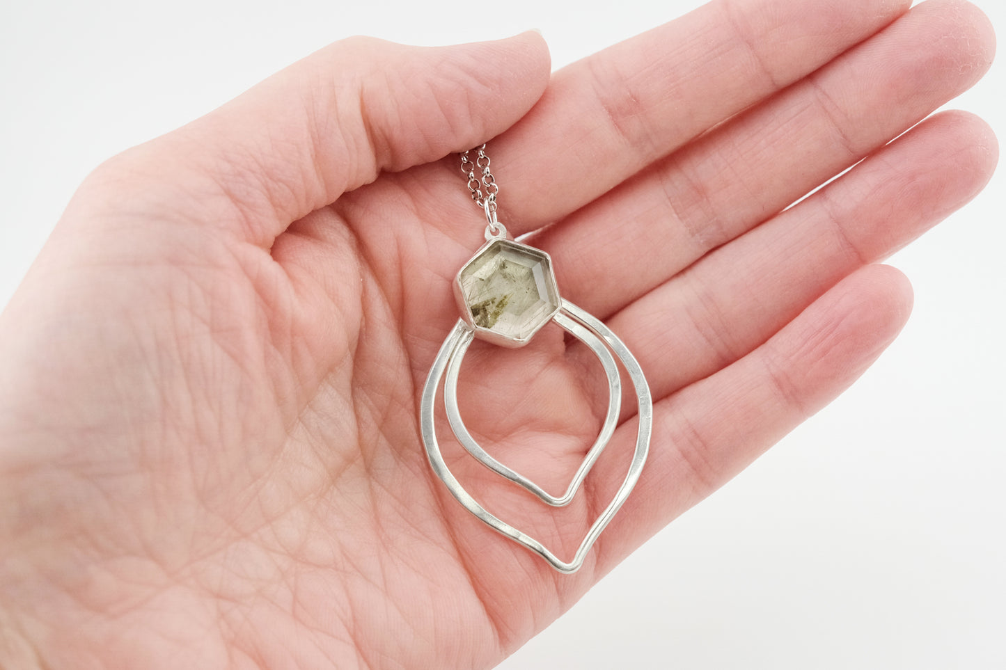 Necklace, Silver and Green Rutile Gemstone Boho Necklace
