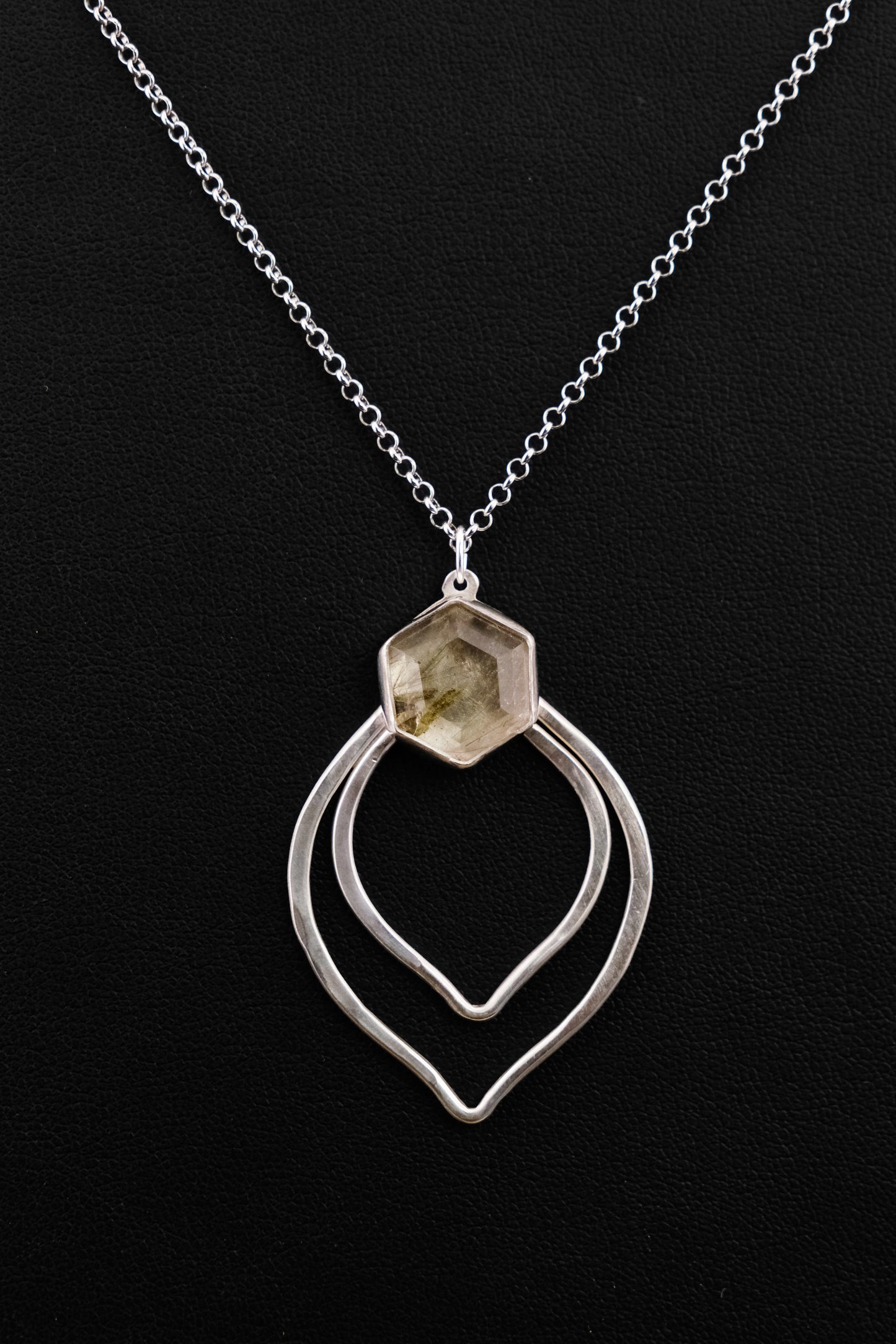 Necklace, Silver and Green Rutile Gemstone Boho Necklace