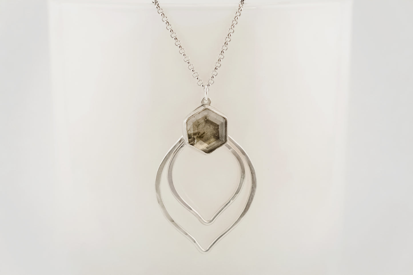 Necklace, Silver and Green Rutile Gemstone Boho Necklace