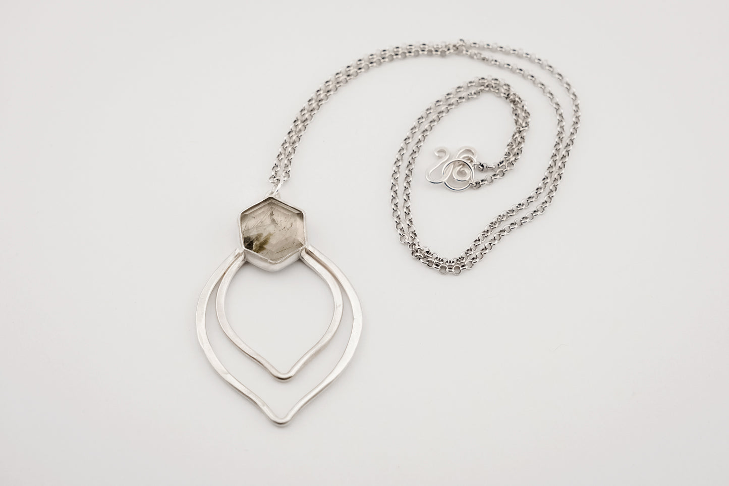 Necklace, Silver and Green Rutile Gemstone Boho Necklace