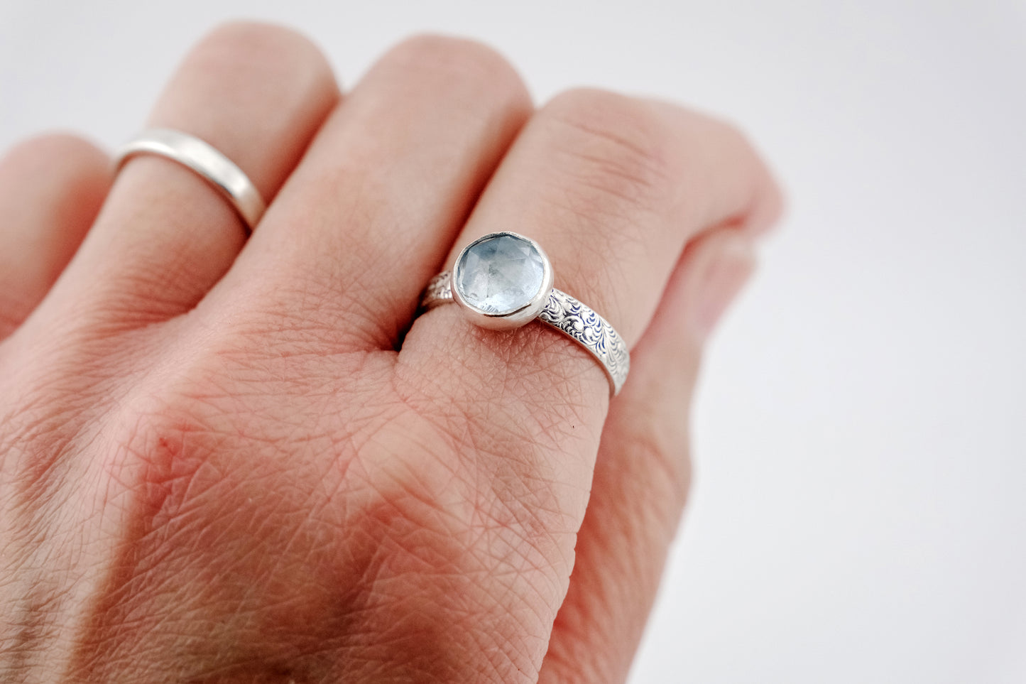 Gemstone Ring, Sterling Silver and 8mm Rose Cut Aquamarine