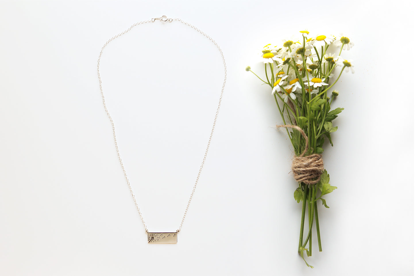 Necklace, Silver necklace with stamped dandelion pendant