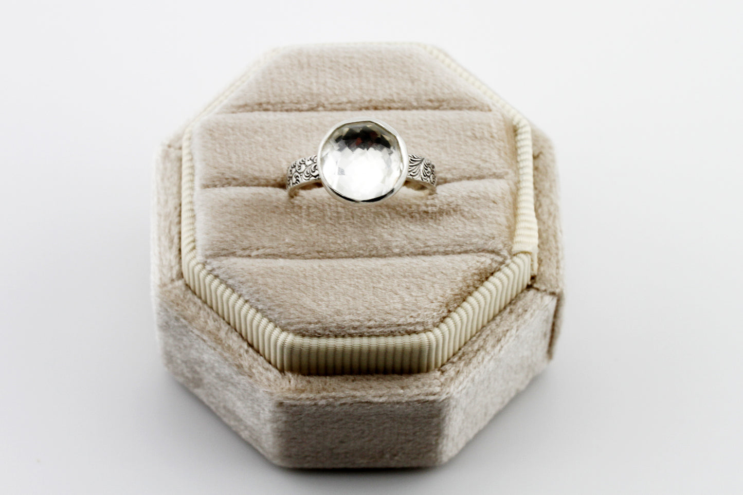 Gemstone Ring, Sterling Silver and 10mm Rose Cut White Topaz