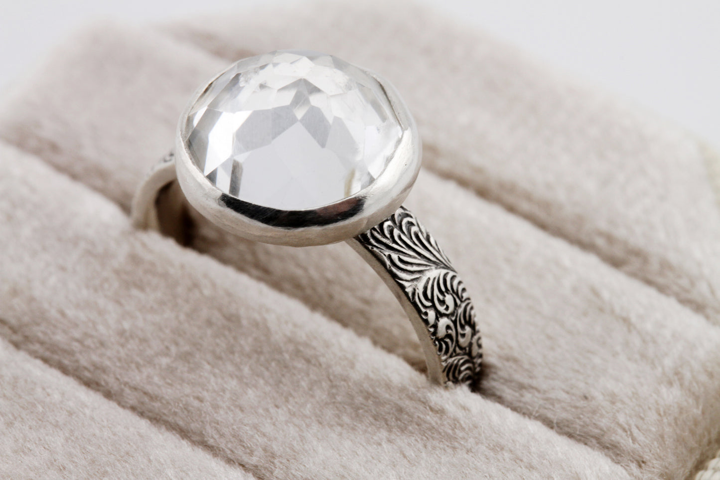 Gemstone Ring, Sterling Silver and 10mm Rose Cut White Topaz