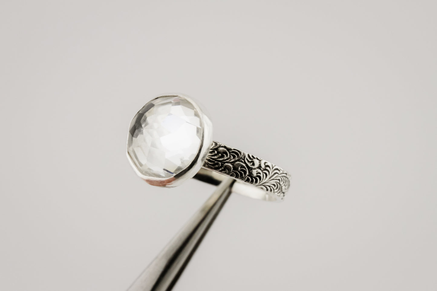 Gemstone Ring, Sterling Silver and 10mm Rose Cut White Topaz