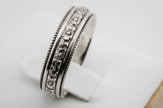 Ring, Floral Beaded Intricate Antiqued Sterling Silver Stacking Ring