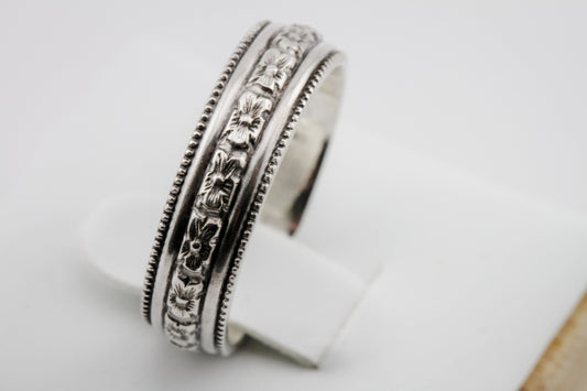Ring, Floral Beaded Intricate 5.6mm Antiqued Sterling Silver Stacking Ring