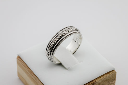 Ring, Floral Beaded Intricate 5.6mm Antiqued Sterling Silver Stacking Ring