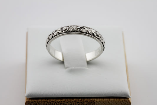 Ring, Floral Design 3.5mm Antiqued Sterling Silver Stacking Ring