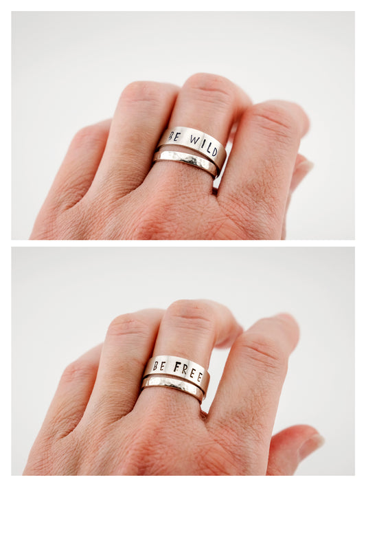 Ring, Sterling Silver Stamped 5mm Stacker Ring, "Wild and Free"
