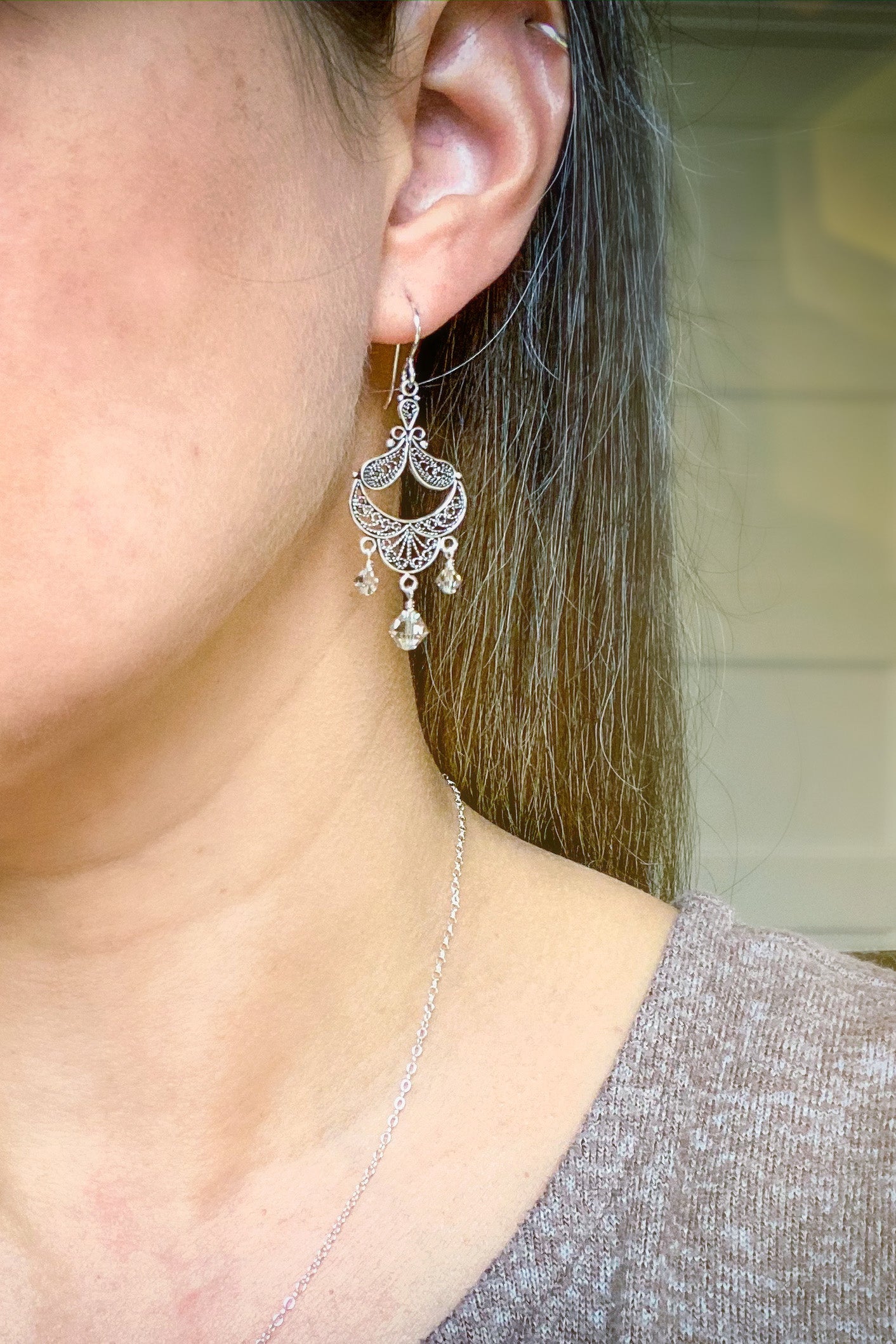 Earrings, Antiqued Silver Art Deco Crystal Chandelier Earrings