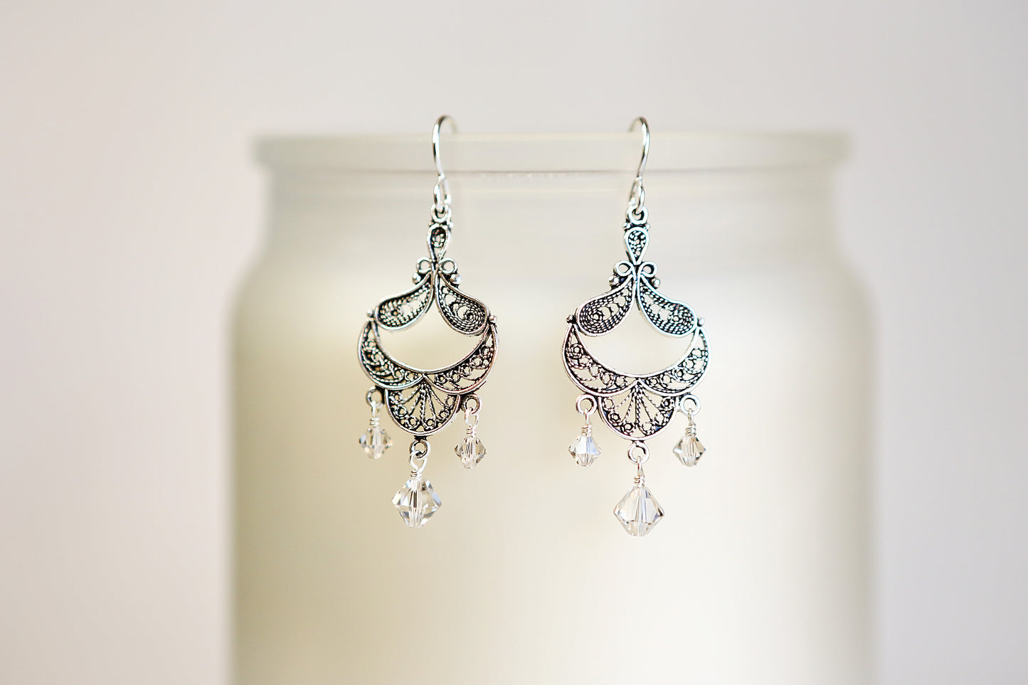 Earrings, Antiqued Silver Art Deco Crystal Chandelier Earrings